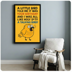 Funny talking bird birthday wall art in black frame above cozy reading chair, perfect humor gift canvas print for home office or den