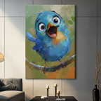 Chubby blue bird with big round eyes on colorful green background, stretched canvas print displayed on grey wall in contemporary living room