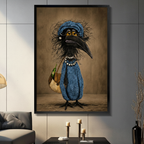 Funny anthropomorphic crow in blue outfit framed canvas wall art hanging in modern living room with gray panel wall