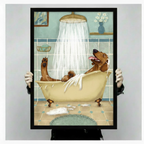 Person holding a large black framed funny dachshund in bathtub canvas art print showing a grinning brown wiener dog raising its paw in a vintage clawfoot tub with teal retro tile background against a light gray studio backdrop