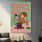 Stretched canvas wall art of a humorous half-asleep brown dachshund pouring overflowing coffee into a striped blue mug with a sarcastic good morning quote in pink hand-lettering on a color-blocked green and pink background, hung on a dark gray tile wall beside a modern gray sofa with candlestick decor