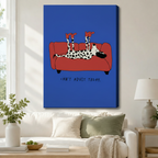 Funny Dalmatian "Can't Adult Today" gallery wrap canvas art in cobalt blue displayed above a white sofa in a bright Scandinavian living room