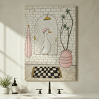 Whimsical goose taking a shower with pink towel, checkerboard rug, and pink ceramic vase gallery wrapped canvas print above a white bathroom vanity with black faucet and green plant