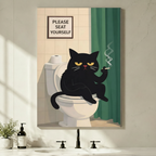 Stretched canvas funny grumpy black cat on toilet bathroom wall art featuring a sulky black cat with droopy yellow eyes perched on a white toilet gripping a lit cigarette with curling smoke next to a teal shower curtain and a framed Please Seat Yourself sign on cream bathroom tiles, hung above a black faucet sink with a green plant