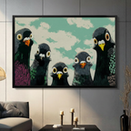 Framed funny pigeon squad canvas wall art with five wide-eyed cartoon pigeons in bold illustration style on a mint green cloudy sky background displayed on a dark grey wall in a modern living room