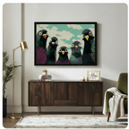 Black framed funny pigeon squad canvas art print with five quirky cartoon pigeons in iridescent feathers on mint green background above a dark walnut sideboard in an eclectic living room with gold floor lamp
