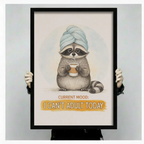 Hands holding a large black framed funny raccoon with towel and coffee I Can't Adult Today canvas art print with a chubby gray raccoon wearing a blue twisted towel turban clutching a steaming coffee cup with a weary deadpan face above a bold golden yellow I Can't Adult Today quote banner on a soft off-white background