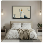 Funny seagull framed art print displayed above a bed in a minimalist bedroom — whimsical bird wall decor for bedroom