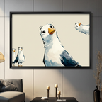 Framed watercolor wall art of curious seagulls with wide eyes on beige background — funny bird print for living room decor