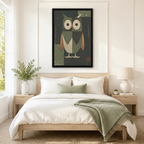 Black-framed geometric owl canvas art hung above a neutral bedroom bed — Japandi-style sage green bird wall decor