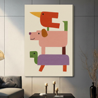 Frameless geometric stacked animals canvas print on grey panel wall – minimalist abstract red bird pink dog green turtle block art for contemporary living room decor