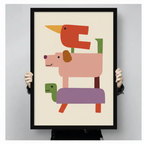 Hands holding framed geometric stacked animals canvas wall art – abstract red bird pink dog green turtle colorful block illustration size reference display