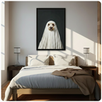 Black framed Halloween ghost dog wall art canvas hung above a dark wood bed with white linen bedding in a sunlit neutral bedroom with warm diagonal natural light and glass table lamps