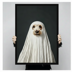 Hands in black sleeves holding a large black framed funny ghost dog Halloween canvas art print against a neutral gray background, front-facing product size reference display