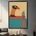 Retro minimalist giant orange bird and small striped birdman illustration in black frame mounted on grey living room wall