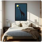 Black framed canvas wall art of a giraffe silhouette reaching up to the glowing moon on a teal starry night, displayed above a wooden bed in a sunlit minimalist bedroom
