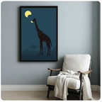 Framed minimalist canvas of a giraffe silhouette reaching toward a yellow moon in a starry sky, styled beside a cozy white armchair on a light blue-grey wall