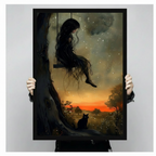 Person holding a large black framed dark fantasy girl on swing with glowing black cat and starry sunset sky art print showing print size scale and painterly detail
