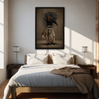Glamorous raven in dotted dress with handbag — dark humor bird art print above bed in warm minimalist bedroom