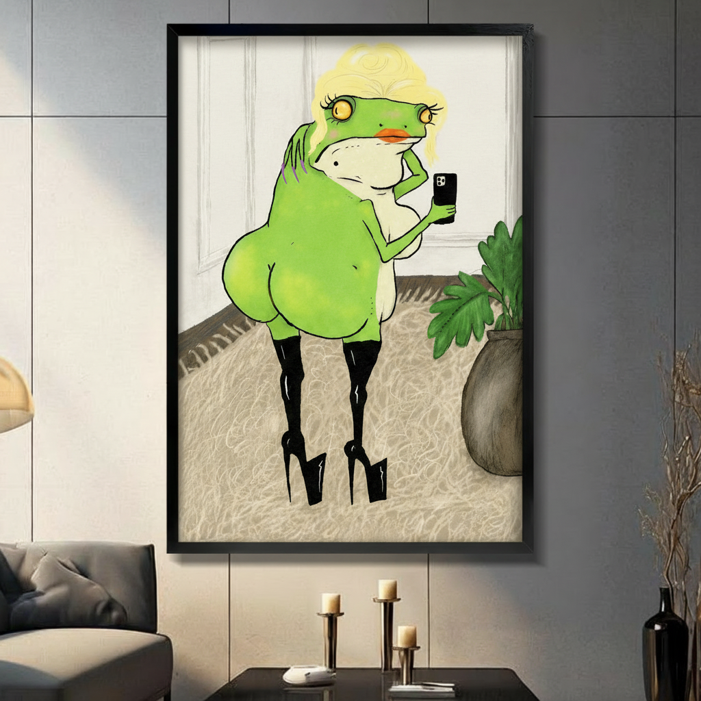 Funny glamour frog in high heels black framed print hanging on dark gray panel wall above console table with candles in modern living room