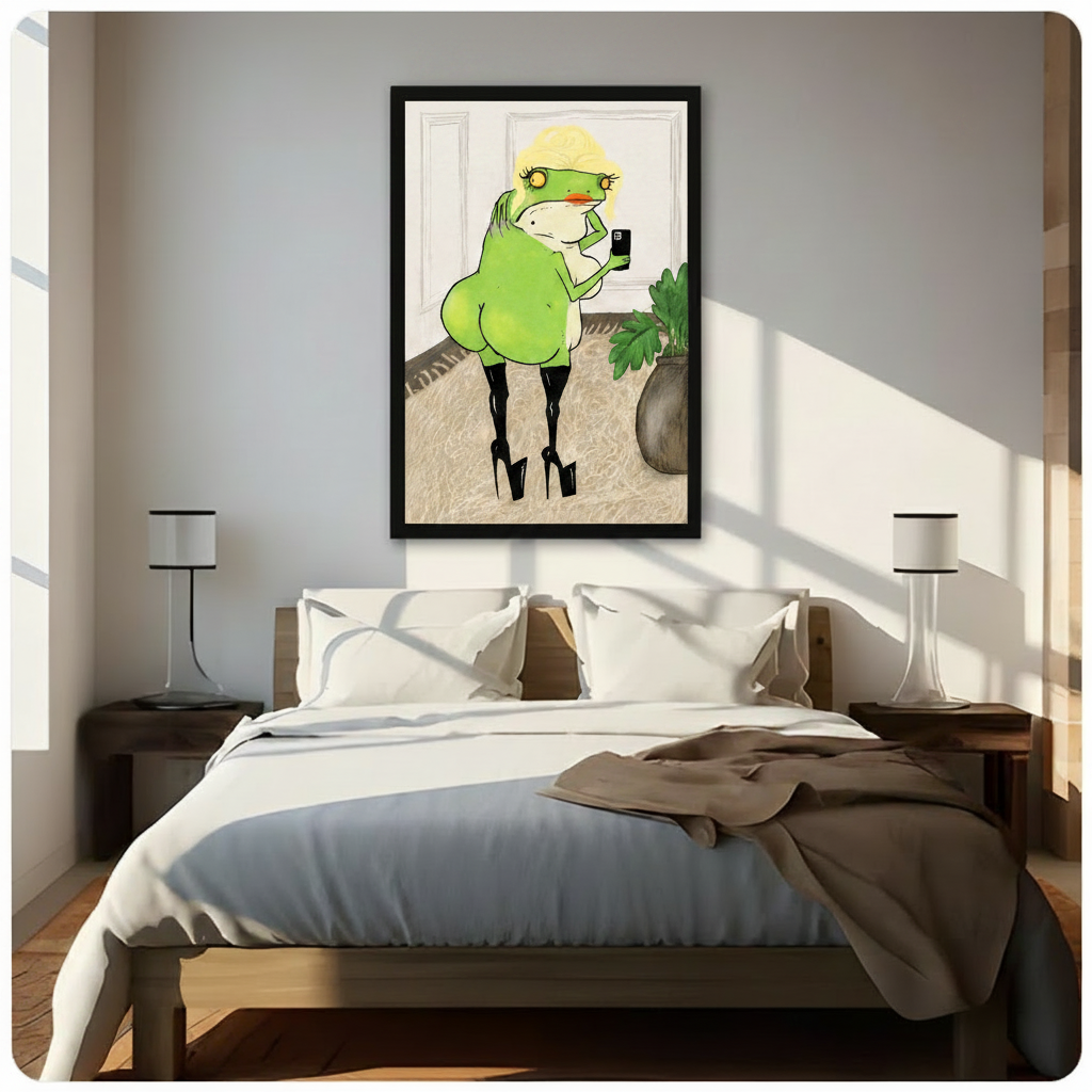 Humorous green frog selfie framed canvas print above bed in bright modern bedroom with wood nightstands white bedding and natural window light
