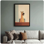 Minimalist dog with glasses canvas print above sofa — modern pet lover wall art for American living room and home office