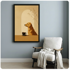 Black framed golden retriever and coffee cup art poster hung above cozy armchair on blue-grey wall — minimalist boho animal wall decor