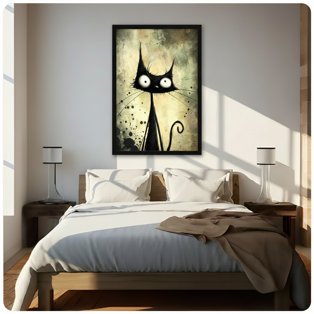Black framed quirky gothic black cat wall art canvas hung above a dark wood bed with white linen bedding in a sunlit neutral bedroom with warm diagonal natural light