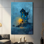 Gallery wrapped canvas art featuring dark gothic blue stone tower with warm golden lantern glow, leafless tree, and two mysterious figures in foggy atmospheric oil painting, hung on grey wall