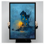 Hand-held black framed gothic poster print of mysterious blue tower house with warm glowing street lantern, bare tree silhouette, and two shadowy figures in moody blue oil painting style