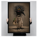 Person holding large framed gothic crow art in leopard outfit — humorous bird portrait print for eclectic home decor