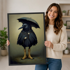 Woman holding large framed gothic crow with umbrella canvas print — whimsical dark bird wall art gift idea