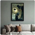 Framed gothic wall art print of shadowy top-hat figure and glowing lantern, displayed above sofa in moody living room setting

