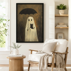 Large black framed Halloween ghost with umbrella and black cat rainy night oil painting beside a white wood-frame armchair with a linen throw blanket, round solid wood side table with a coffee table book, and open shelving with potted greenery