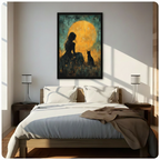 Gothic girl and black cat under golden full moon framed wall art above a bed with white linen bedding, dark wood nightstands and modern table lamps, dark romantic oil painting bedroom decor