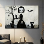  Frameless stretched canvas print of a gothic big-eyed girl surrounded by black cat, owl, bat and spooky lantern tree, hung in a contemporary living room setting