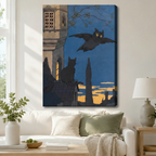 Gallery wrapped canvas of vintage gothic flying owl and rooftop black cat twilight illustration above white sofa in bright living room