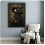 Black framed gothic raccoon witch portrait with floral hat and dark cape, styled on a blue-grey wall beside a white linen armchair in a cozy reading nook