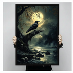 Black framed atmospheric gothic raven perched on a dead tree overlooking a moonlit dark river with skull-strewn rocky banks and eerie bare forest in deep teal and black tones dark fantasy oil painting canvas print hung on a soft blue-gray wall beside a white linen wood armchair with cream throw