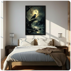 Two hands in black jacket sleeves holding a large black framed gothic dark fantasy raven on a twisted branch under a glowing full moon with misty river and scattered skulls dramatic oil painting canvas art print on deep teal black background, front-facing vertical product size display