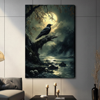Black framed moody gothic raven standing on a twisted dead branch with a luminous full moon breaking through storm clouds above a dark misty river lined with human skulls and dead trees dark fantasy oil painting canvas wall art displayed in a gray living room with dark sofa and metal candlesticks