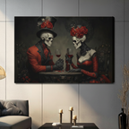 Dark gothic skeleton lovers in red Victorian attire with roses, unframed canvas print wall art for living room decor