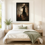 Oversized framed gothic witch silhouette with black cat and glowing crescent moon centered above a neutral linen bed in a calm Scandinavian bedroom