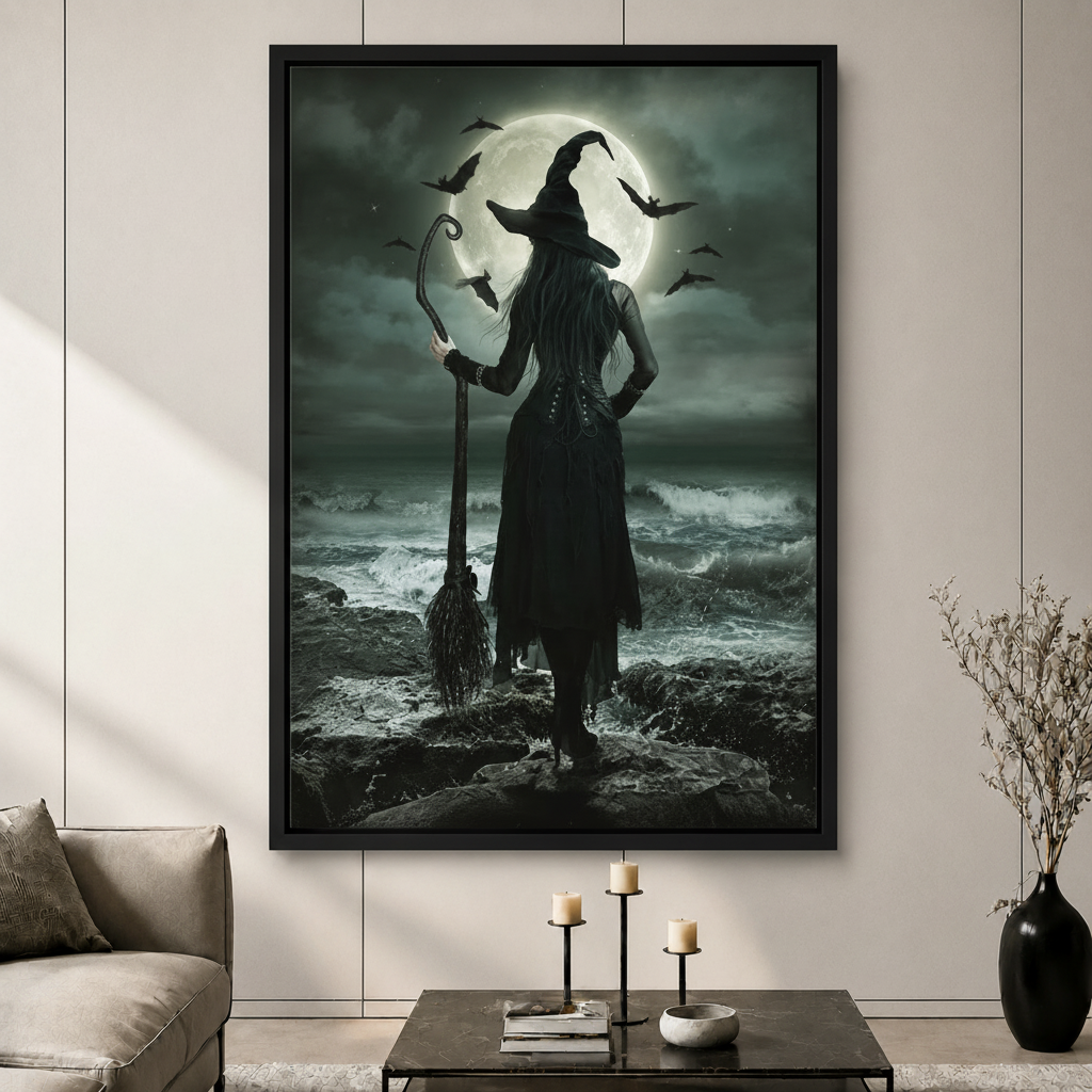 Black framed gothic canvas wall art of a witch in a pointed hat holding a broomstick on a stormy ocean cliff under a full moon with bats, displayed above a dark coffee table in a moody living room