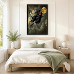 Oversized black-framed canvas of a witch in flowing black robes riding a broomstick beneath a golden full moon, mounted as a dramatic gothic statement piece above a neutral linen bed in a minimalist bedroom
