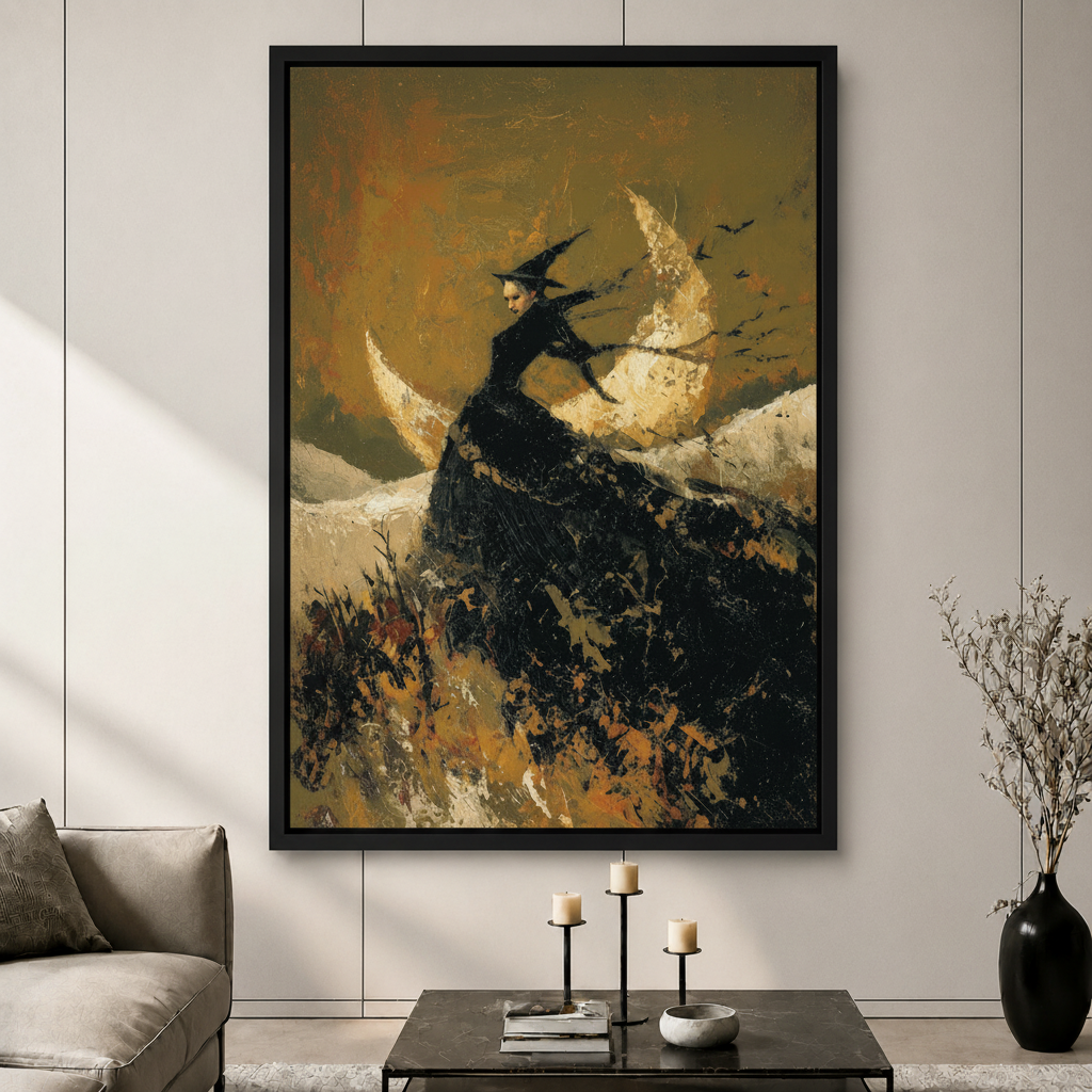 Black framed canvas wall art of a gothic witch in black dress seated on a crescent moon with ravens, displayed above a marble coffee table in a moody modern living room