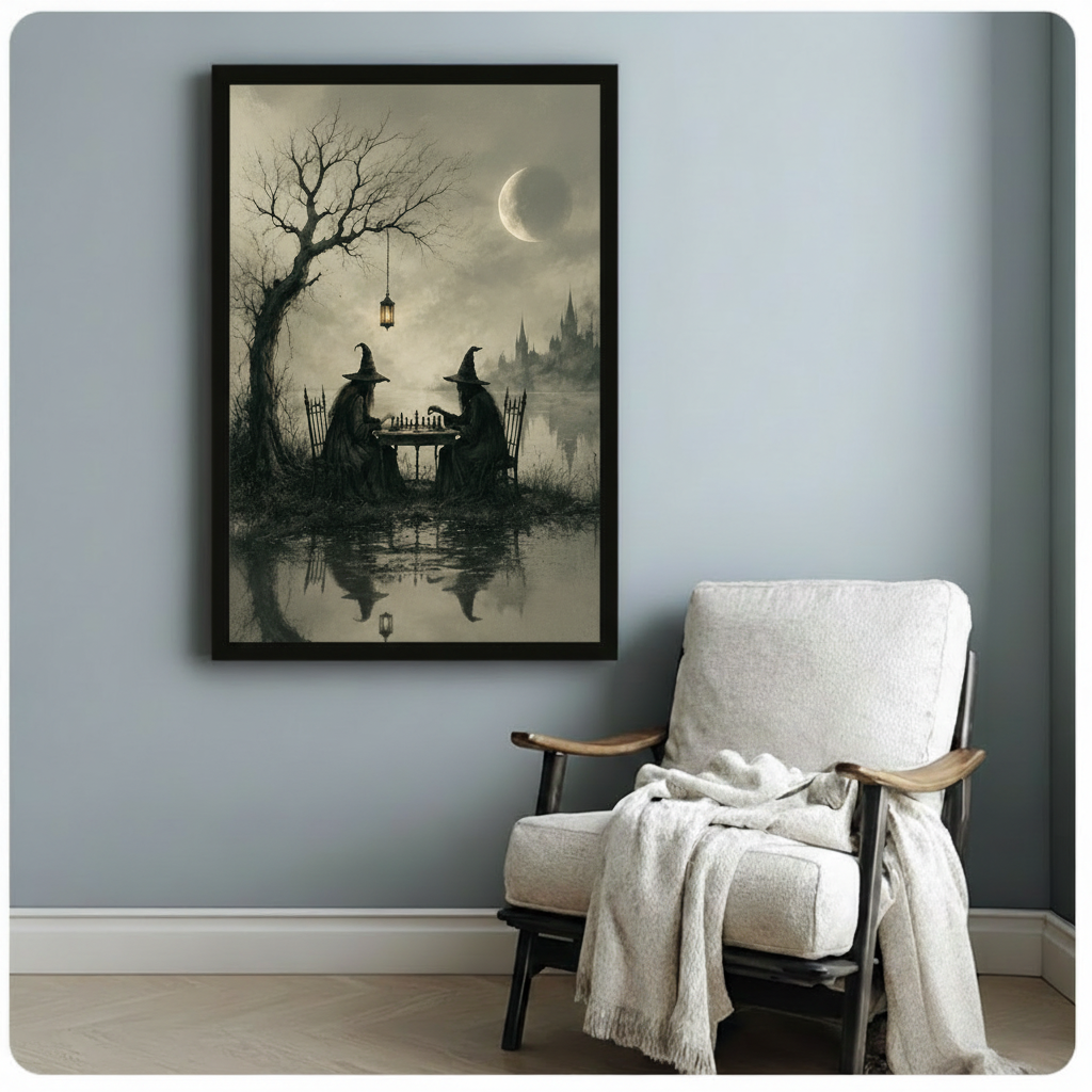 Dark gothic witches chess game haunted lake crescent moon black framed art print on blue-grey wall above linen armchair with white throw blanket