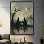 Gothic witches playing chess by moonlit lake dark fantasy oil painting black framed wall art print displayed in modern grey living room above sideboard with candles