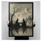 Person in black outfit holding gothic witches playing chess moonlit lake dark fantasy black framed wall art print showing actual size scale