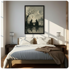 Gothic witches chess game under crescent moon misty castle dark fantasy framed print above bed in bright minimalist bedroom with wooden nightstands and white bedding